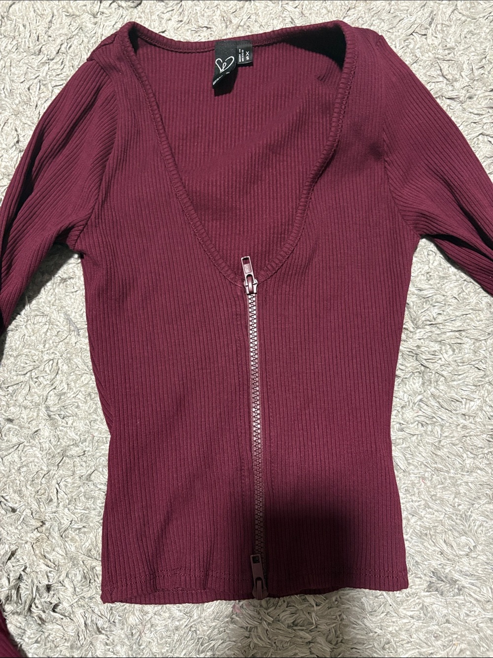 Windsor Burgundy Ribbed Deep V Double Zip Long Sleeve Top XS